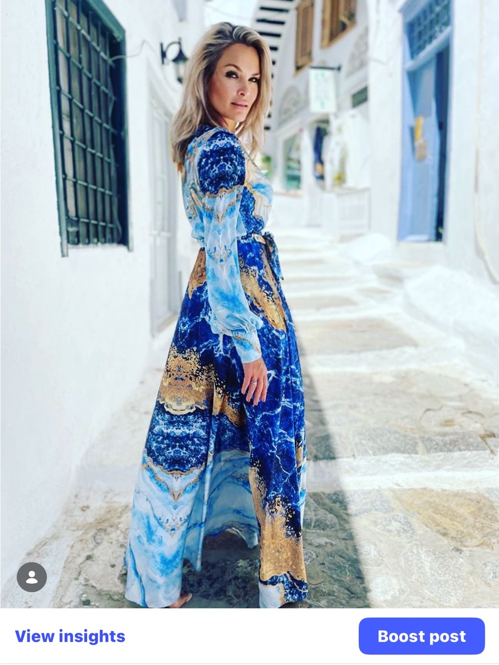 Blue Marble-Print Long-Sleeve Maxi Dress with Waist Tie